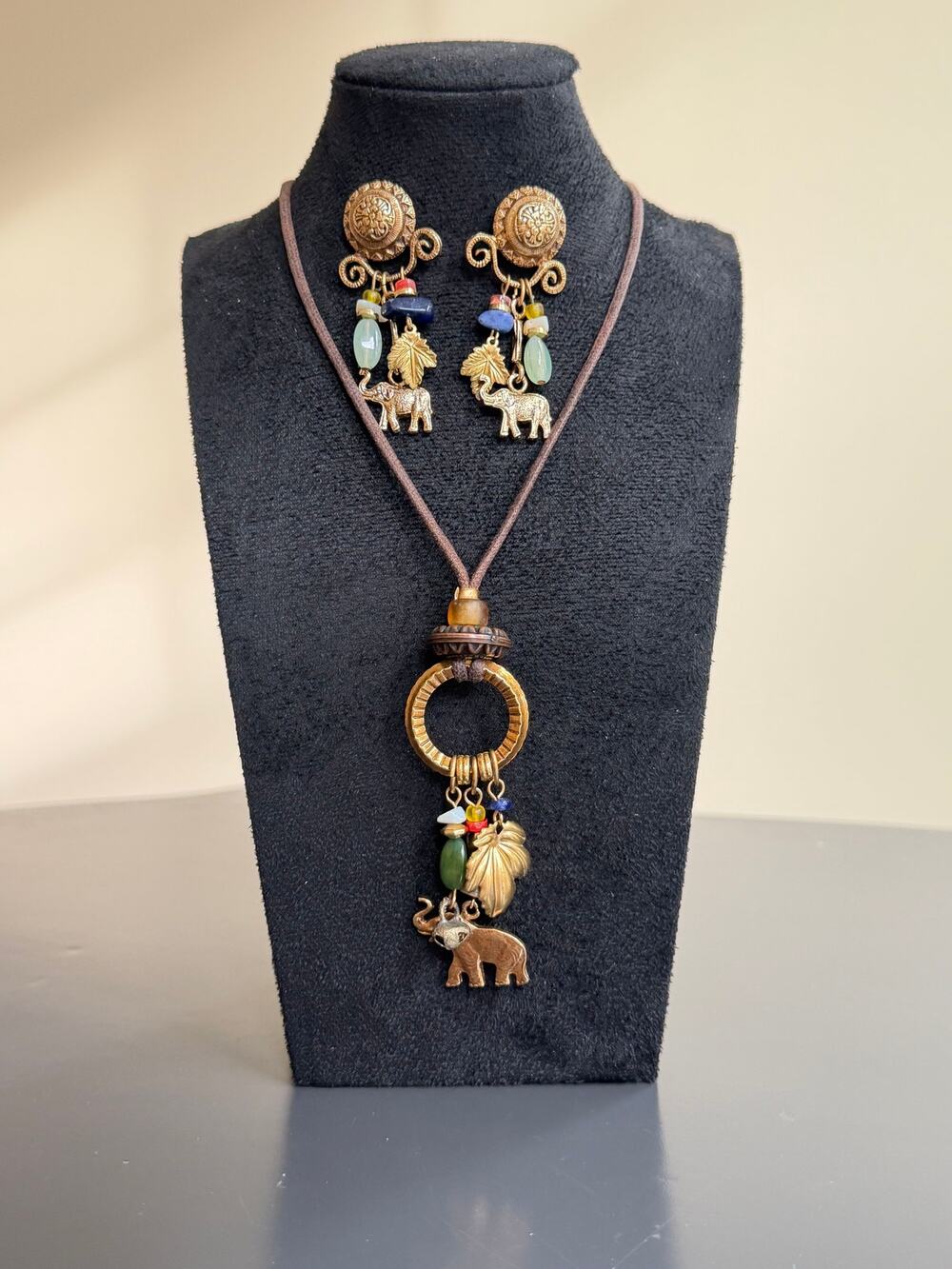 Boho Elephant Jewelry Set Vintage Gold Tone Statement Necklace Dangle Earrings